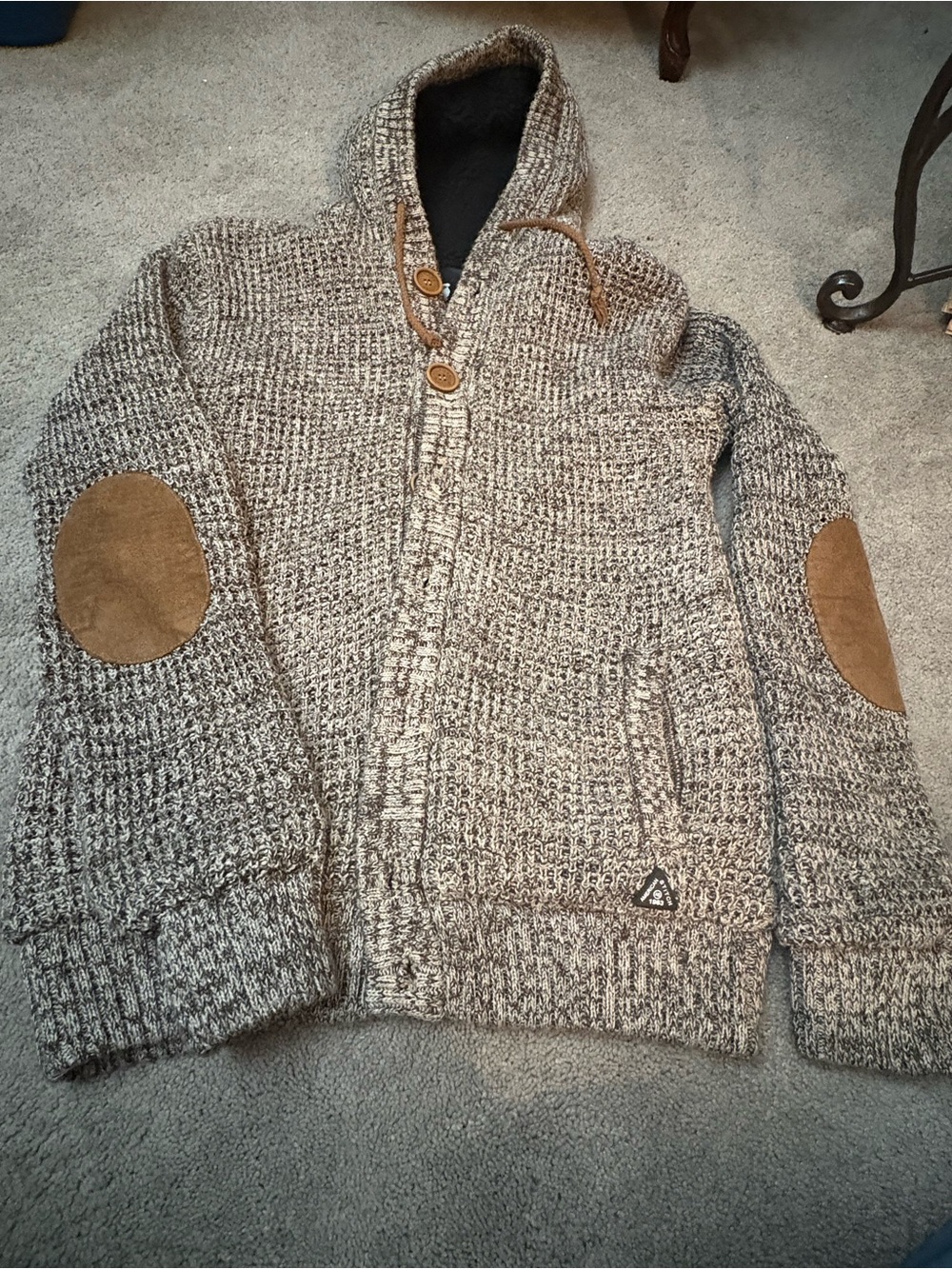American Stitch Marled Gray Cream Hooded Cardigan with Brown Elbow Patches